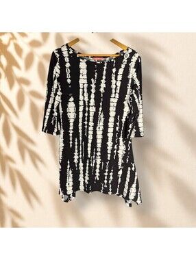 Simply Aster Mini Dress Women M Medium Black Striped Short 3/4 Sleeve Casual